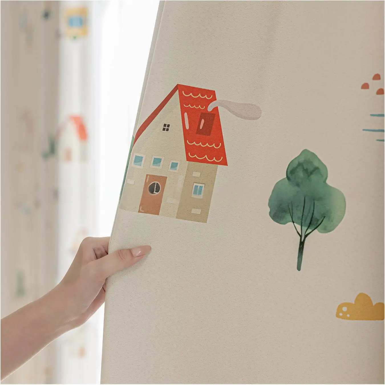 1Pc,Cartoon Cute Print Rainbow Cabin Pattern Semi-Blackout Children's Curtains For Boys and Girls Bedroom ,Living Room Decor
