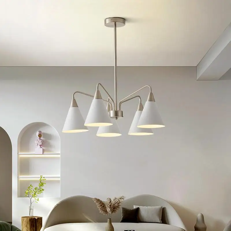 Modern Scandinavian Metal Cone Shade Minimalist White Multi Head Hanging Design For Dining Room