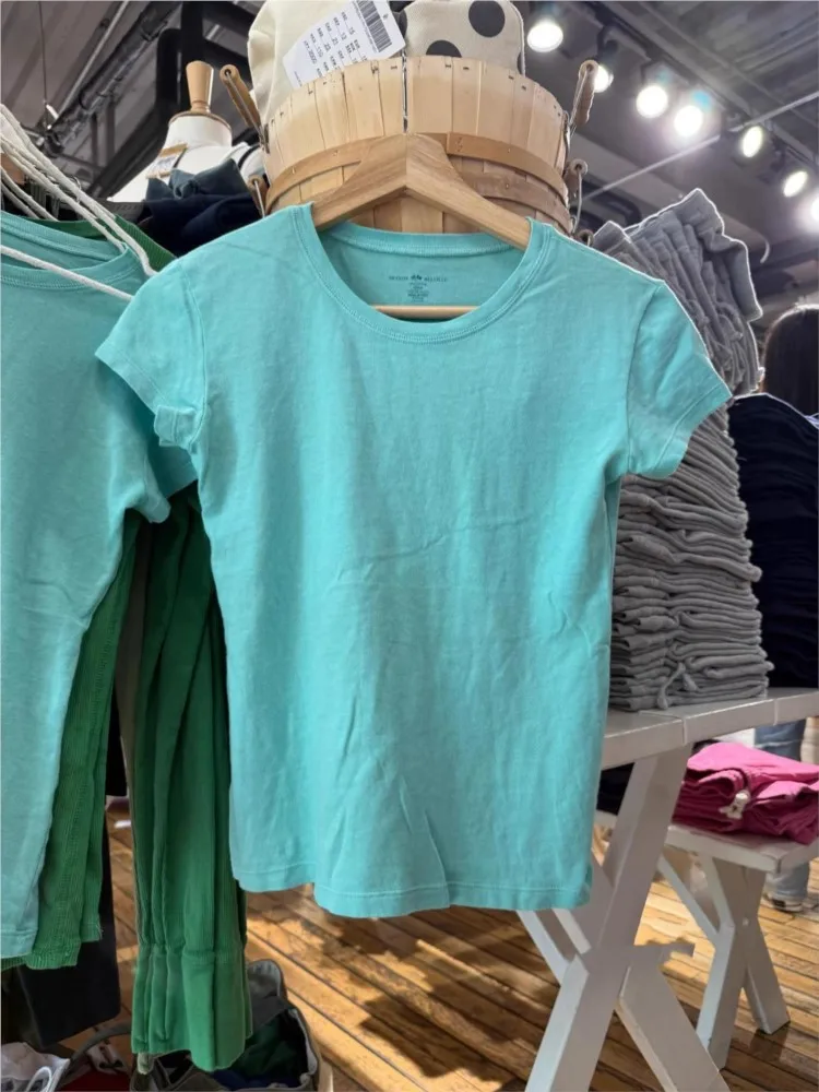 Turquoise Slim Basic T-shirts Woman Summer Simple CasualO-neck Short Sleeve Cotton Tee Shirts Vintage All-match Tshirt Tops Y2K