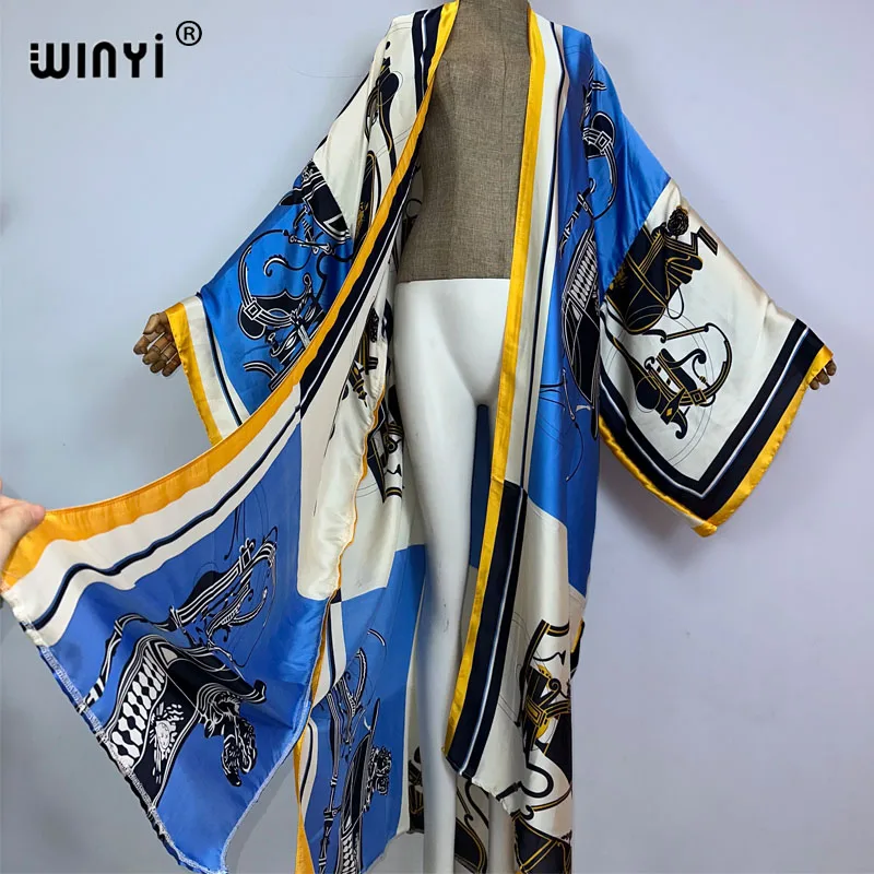 WINYI kimono Africa summer boho print Bikini Cover-up Elegant fashion Cardigan sexy Holiday long Sleeve silk feeling maxi dress