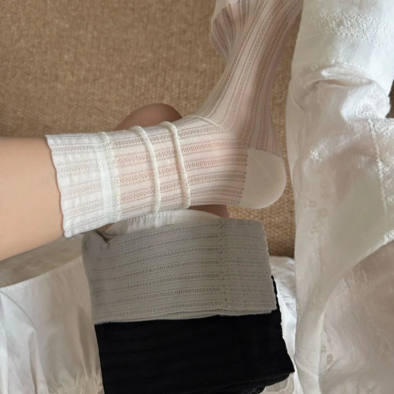 1/3 Pairs Women's White Mesh Breathable Crew Socks Openwork Knit Summer Sheer Mid-Calf Socks 2026 Spring New Fashion