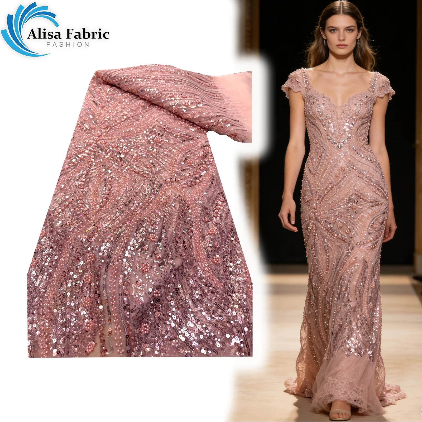 

High quality beaded lace tulle lace fabric 5 yards fabric for sewing tissus couture African lace dresses for fashion dresses