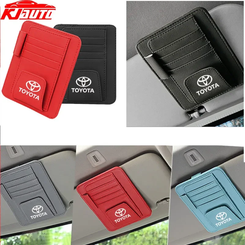 Leather Car Sun Visor Card Pen Holder Organizer Glasses Clip For Toyota Corolla Hilux Camry CHR Corolla Cross Yaris 4Runner RAV4