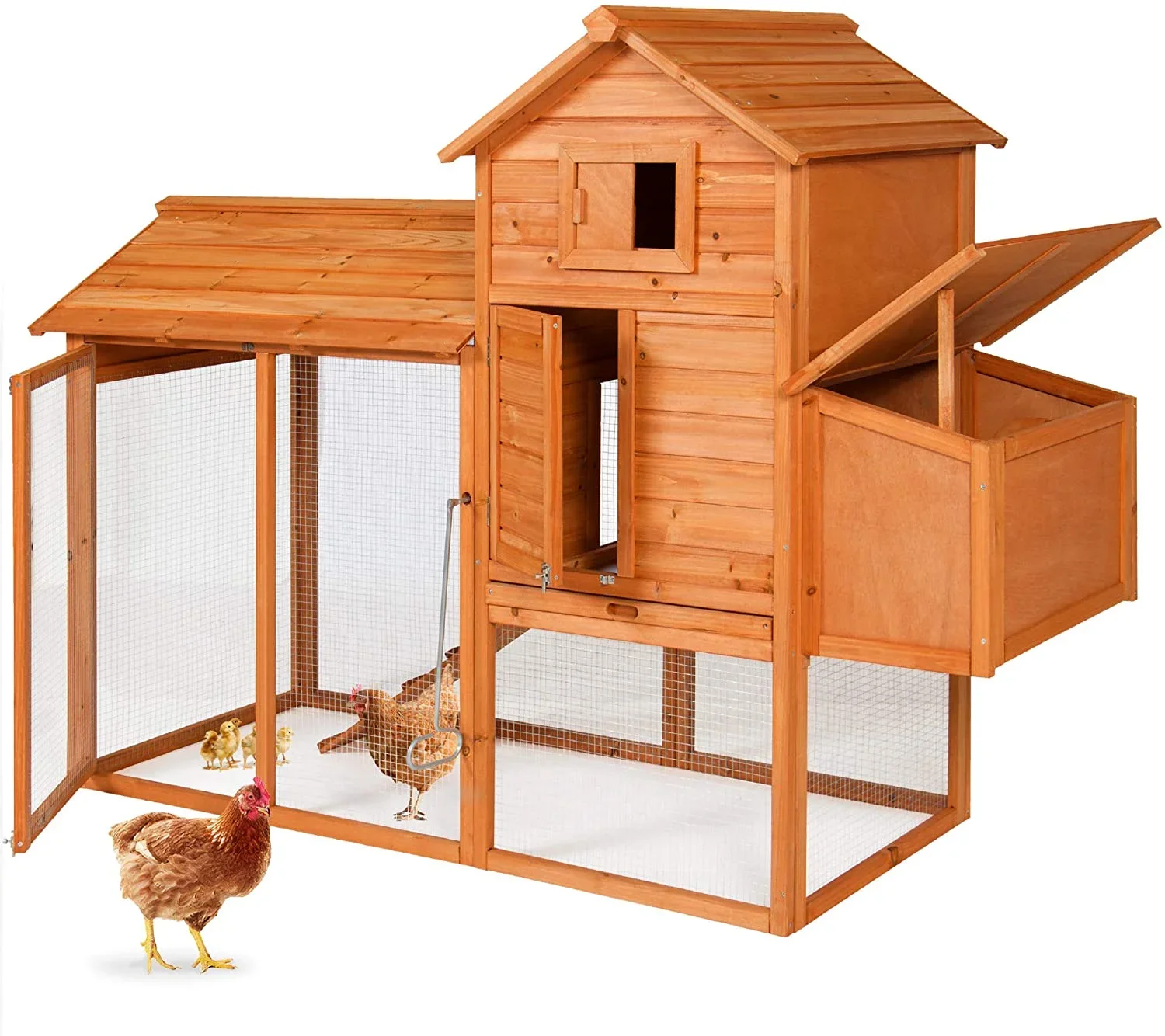 

Outdoor Wooden Chicken Coop Multi-Level Hen House, Poultry Cage w/Ramps, Run, Nesting Box