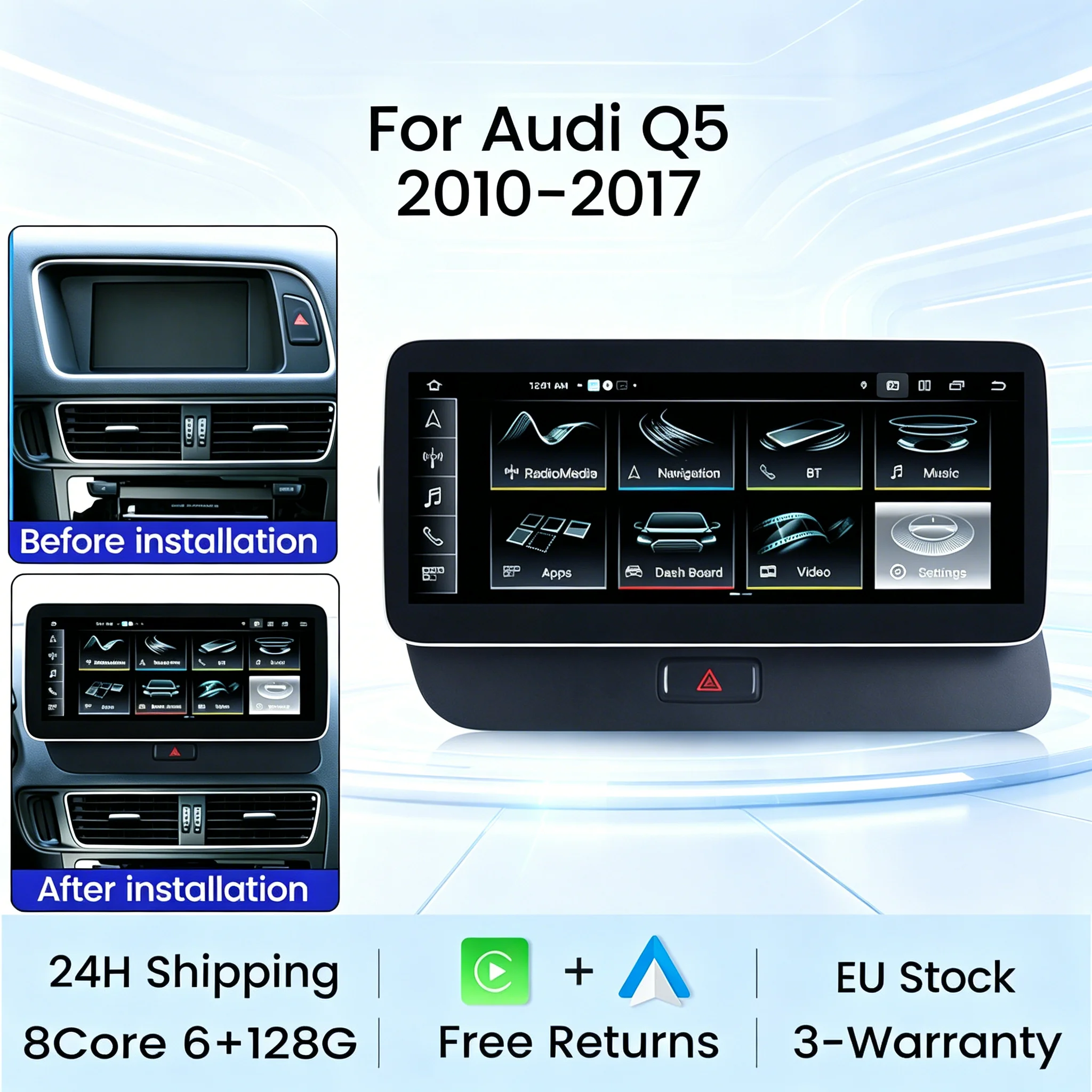 Autoradio 10,25 pouces pour Audi Q5 2010-2016, écran multimédia intelligent avec GPS, Wifi 4G, DSP audio, Android Auto et CarPlay sans fil (Stock UE)