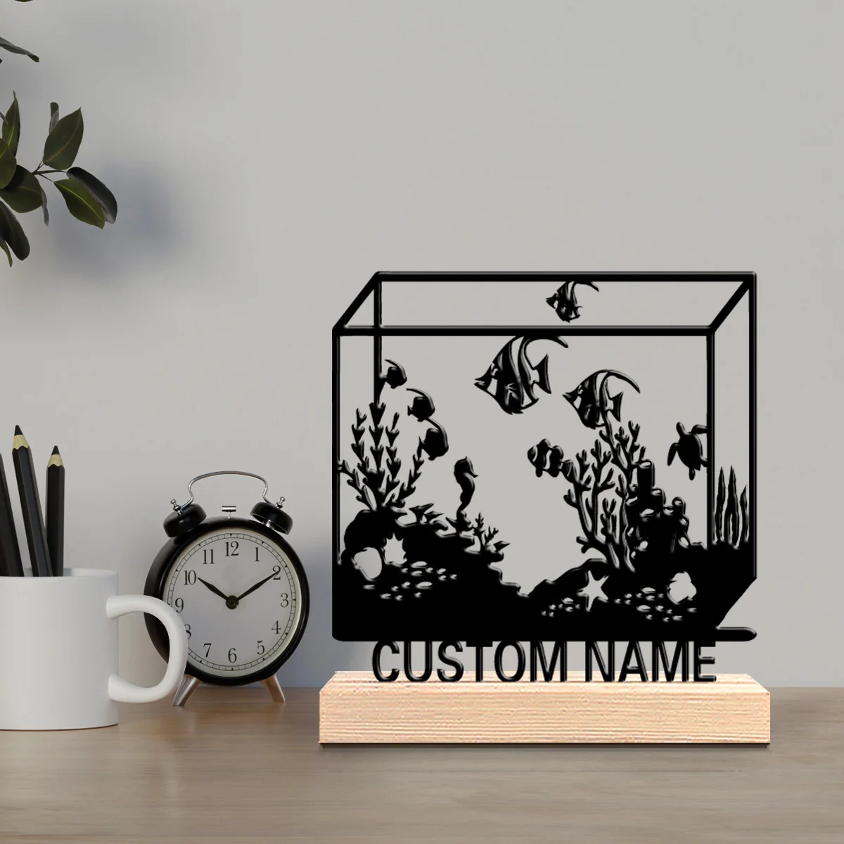 1pc Retro Personalized Custom aquatic organisms Metal Statues Modern Wooden Base Decor for Office Living Room Nature-Inspired