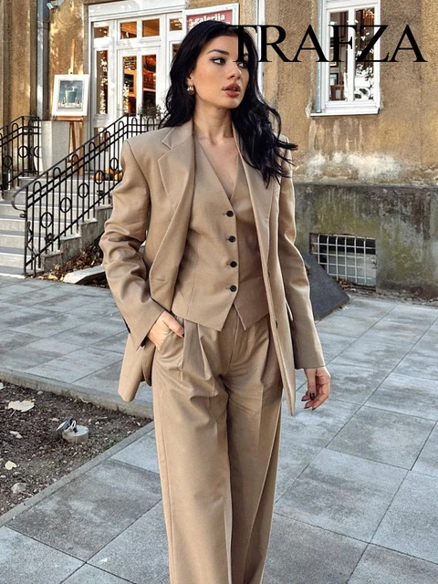 TRAFZA Ensemble blazer et pantalon a double boutonnage pour femmes manteau a manches longues fermeture eclair surintendant elegant monochrome vetements de bureau mode AliExpress