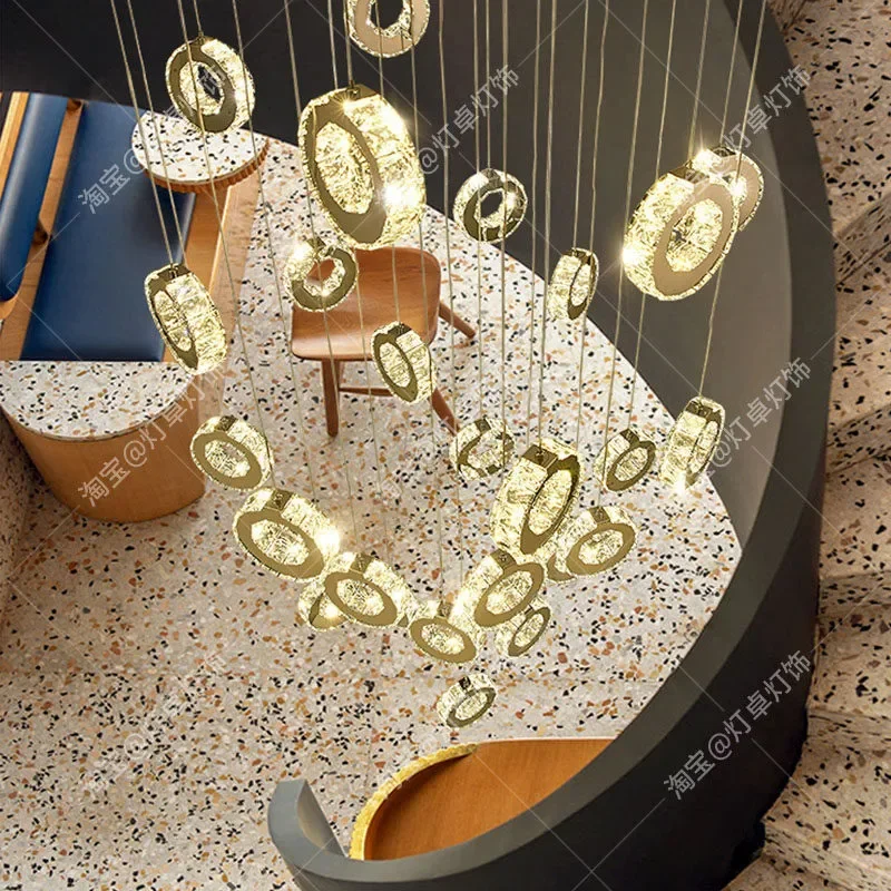 Modern Simple Large Ring Crystal Chandelier for Duplex Living Room Staircase Villa Hall Loft Long Hanging Ceiling Light