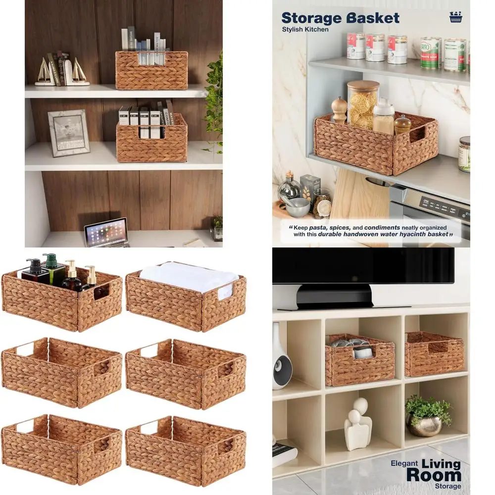 

Set of 6 Rectangular Woven Storage Baskets, Brown Rattan Baskets with Handles for Laundry and Organization