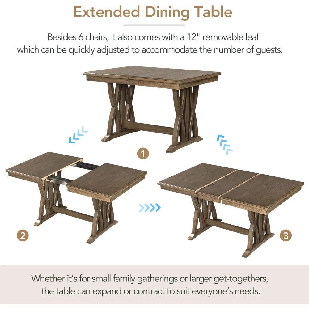 7 Piece Dining Table Set, Extendable Table with 12” Leaf and 6 Upholstered Chairs, Wood Rectangular Dining Set, for 6 People