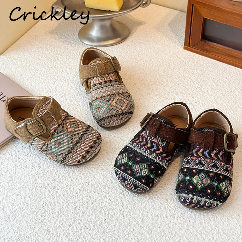 

Embroidery Vintage Boys Girls Flats Shoes Hook Loop Buckle Kids Casual Shoes Soft Sole Non Slip Children PU Leather Shoes