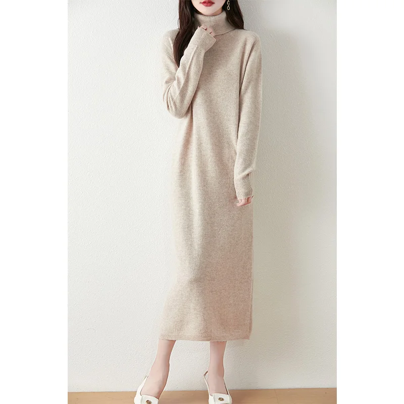 Cashmere Turtleneck Loose Women Dresses 100% Wool Knitted Jumpers 2024 Autumn/Winter New Fashion Long Dresses Female Pullovers