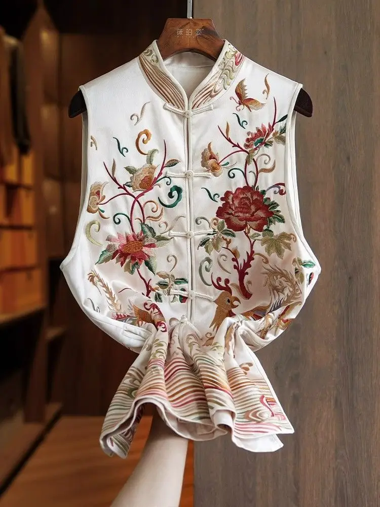 الأزهار المطرزة الحرير الحرير سترة المرأة الرجعية الصينية خمر العرقية نمط بلوزات بلا اكمام المتضخم