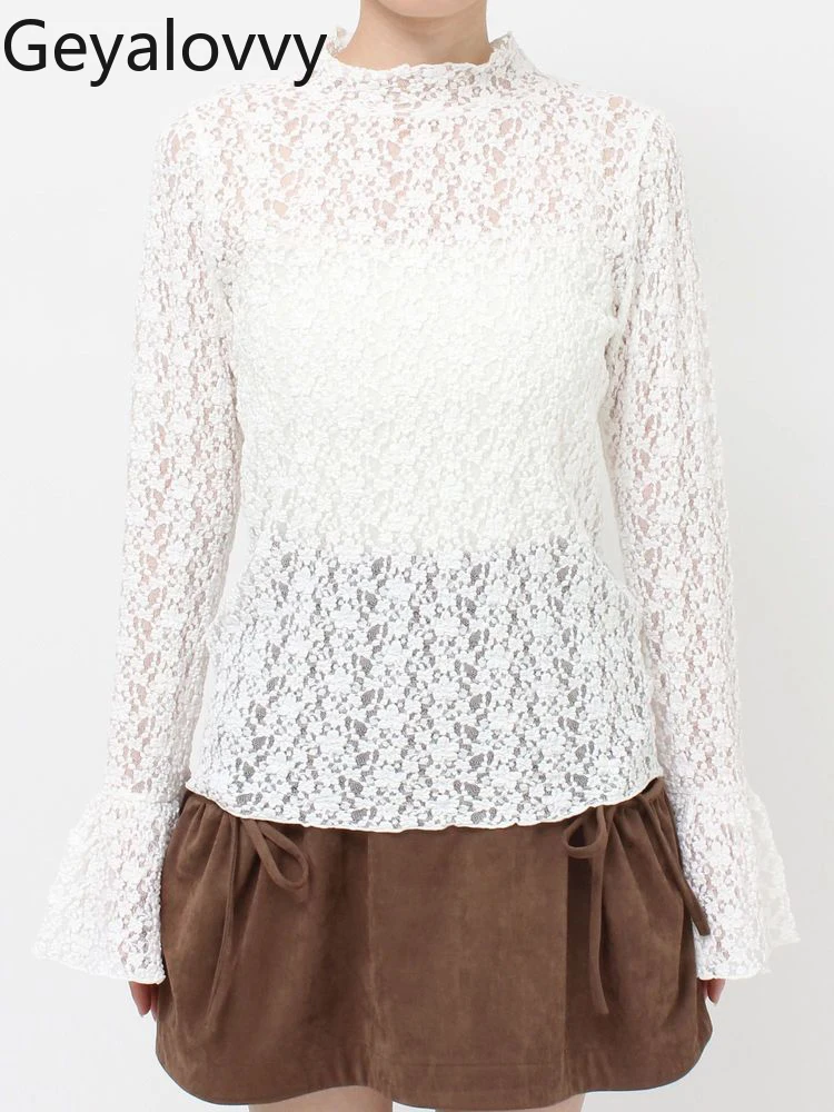 

Прозрачная расклешенная футболка с длинными рукавами и полувысоким воротником в японском стиле, милая универсальная однотонная многослойная базовая рубашка