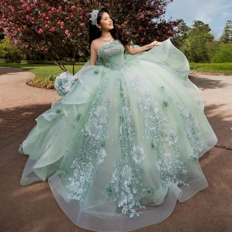 

Mint Green Shiny Quinceanera Dresses Off The Shoulder Sequin Applique Flower Beading Crystal Tull Corset Party Birthday Sweet 16