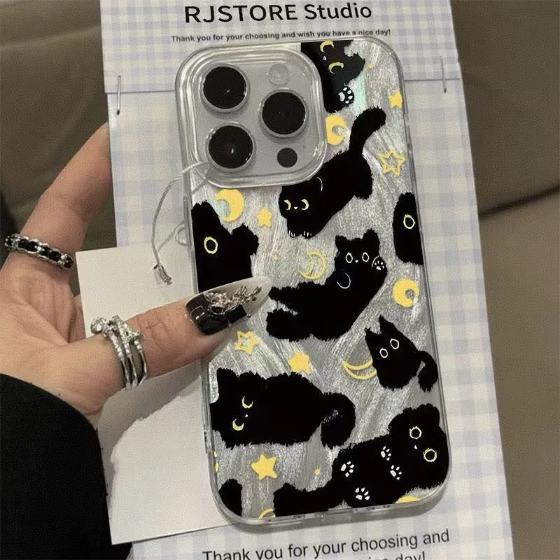 Jolie coque de téléphone chaton noir étoile lune, étui arrière rigide pour iPhone XS XR X 16 15 14 13 12 11 Pro Max 7 8 Plus