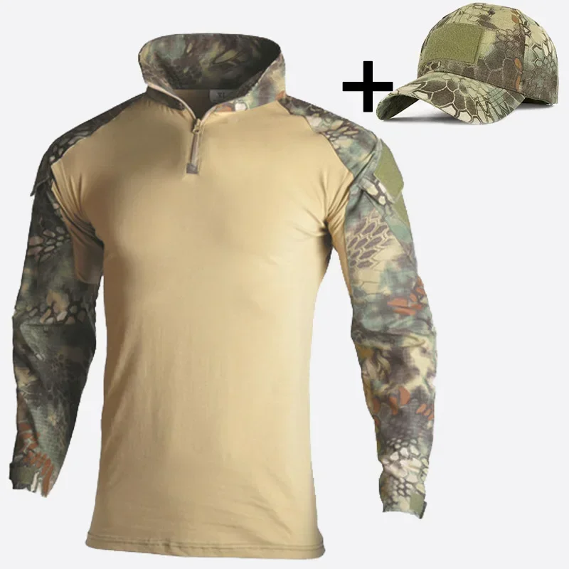 Men's Long Sleeve Combat Shirt 1/4 Zipper Ripstop Cotton Tactical Shirts Gift baseball cap Camoufalge Airsoft T Shirts