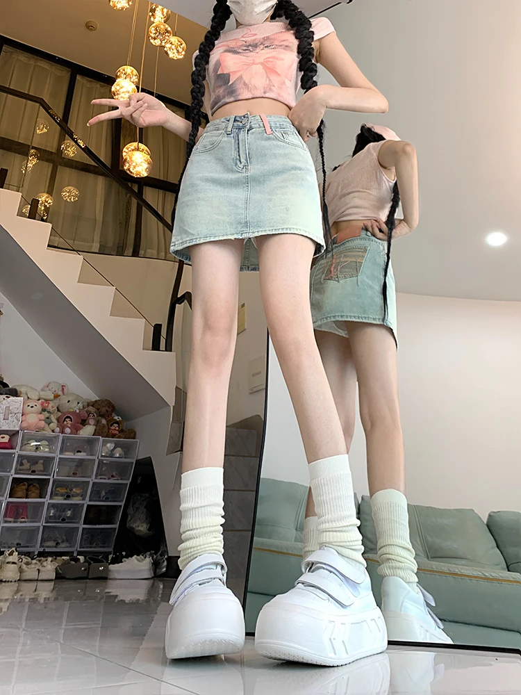 하이웨이스트 A라인 스커트 여성 데님 스커트 슬림 디자인 얇은 원단 오트 스커트 한국 스타일 버튼 지퍼 디테일