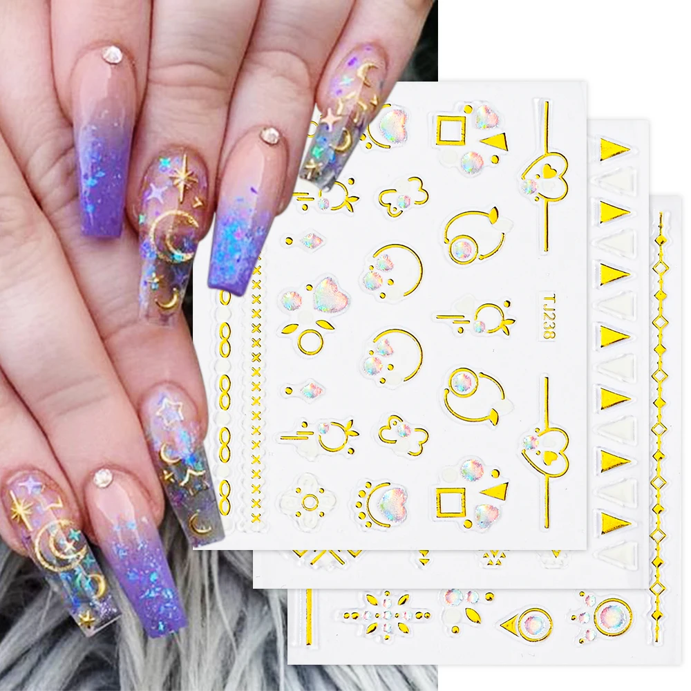 30Pcs Korean Bronzing Rhinestone Nail Sticker 3D Self-Adhesive Children Decal Gold Metal Slider For Manicure Decor DIY Accessory