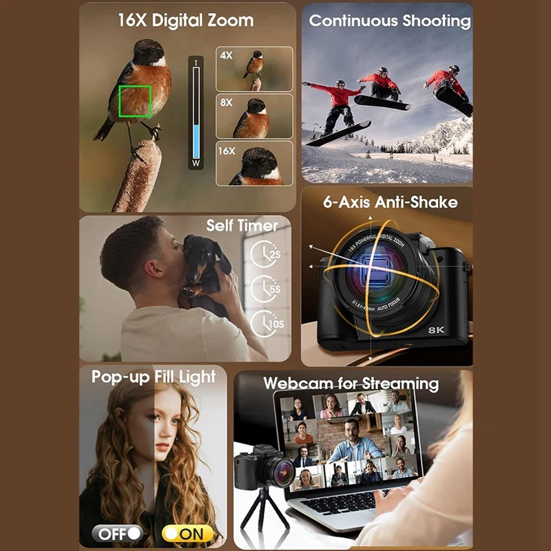 ●8K Digital Camera, 88MP Autofocus Photography Cameras with WiFi & Touch Screen, 16X Zoom Vlogging Camera