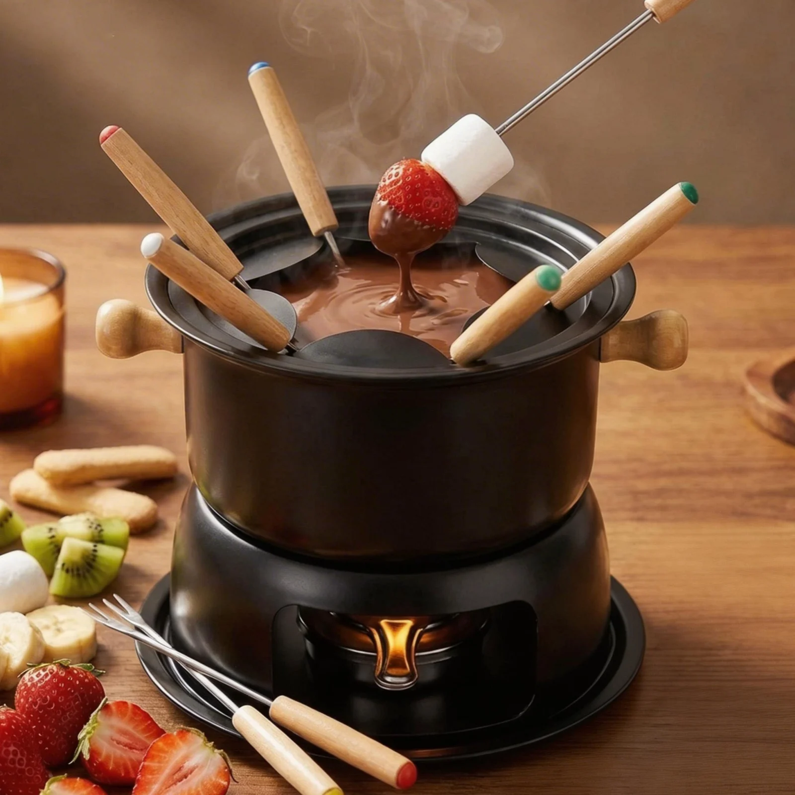 Fondue de chocolate y queso, Kit versátil de crisol para Fondue, juego de ollas para Fondue de acero inoxidable, fabricante de Fondue con calentamiento uniforme con 6 tenedores