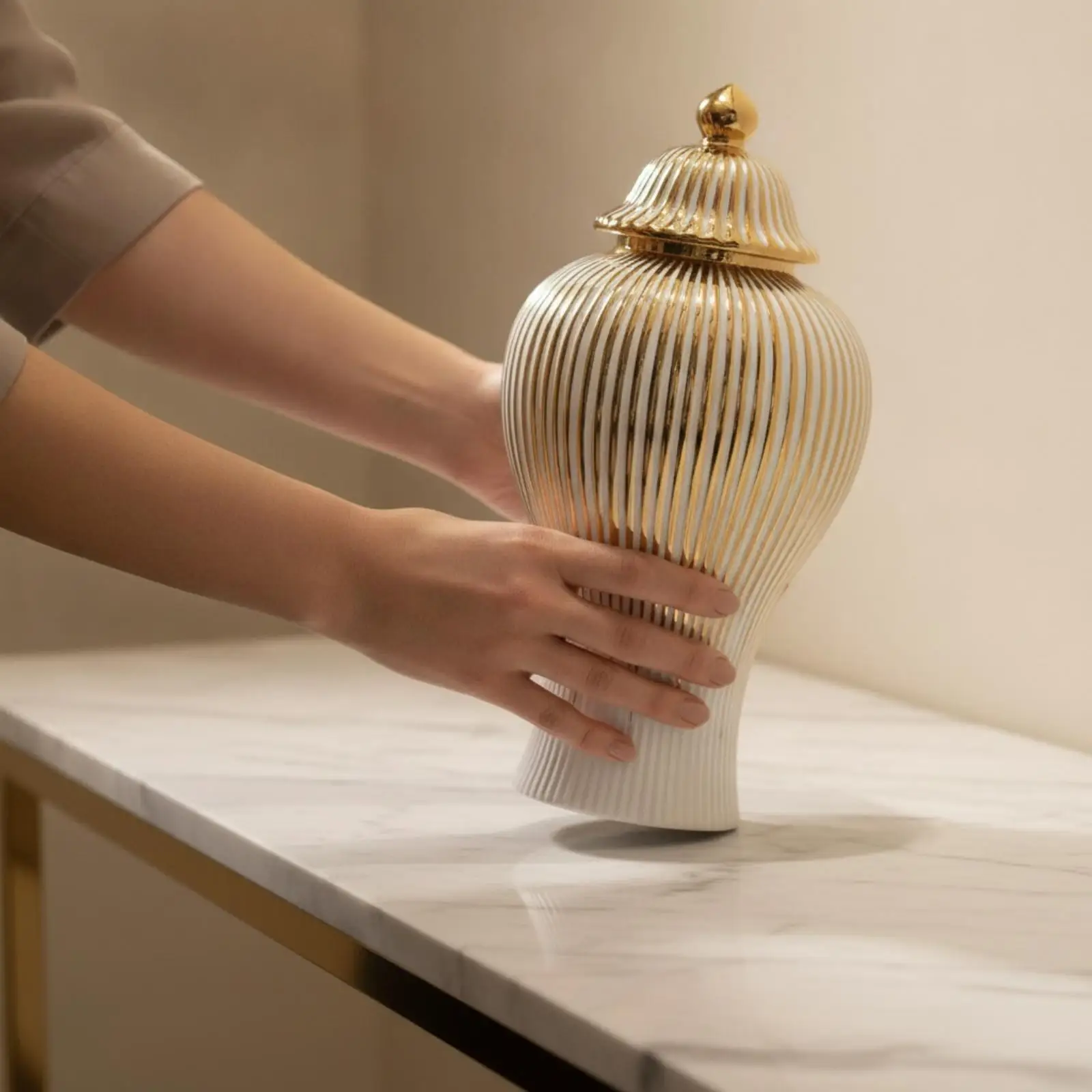 Ceramic Ginger Jar Vase with Matching Lid Glossy Fluted Design Gold Tone Accent Refined Table Decor for Faux Botanicals Entryway