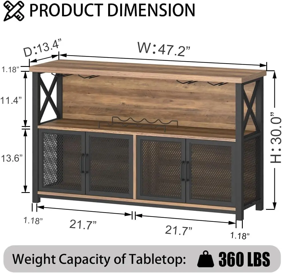 Bar Cabinet for Liquor and Glasses, Farmhouse Metal Wood Rack Cabinet for Home Living Dining Room Kitchen, Rustic Oak, 47 Inch