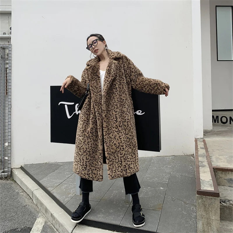 Winter Thick Warm Weight 1.7kg-1.9kg Women Long Faux Rabbit Fur Coat Casual Loose Leopard Imitation Teddy Fur Jacket Female Coat