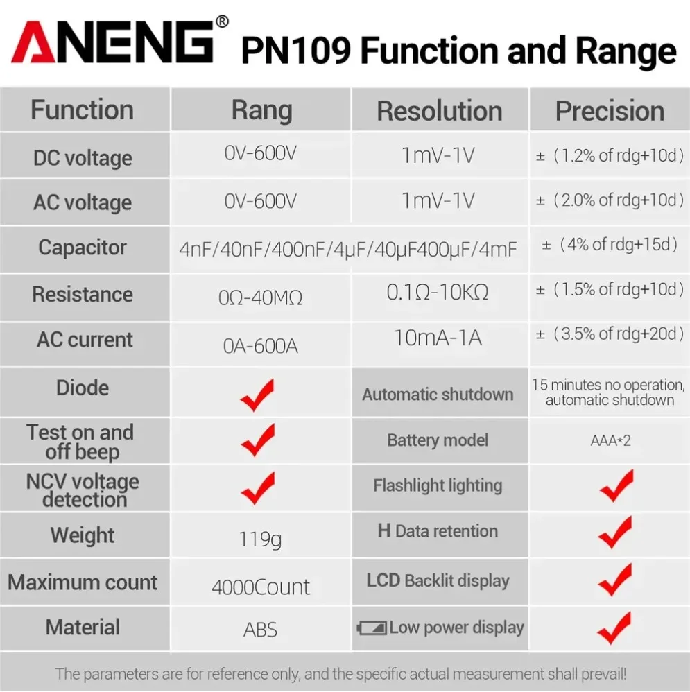 

ANENG PN109 Smart Clamp Meter Multimeter Digital 4000 Count 600A High Current Non-contact Voltage Tester NCV Capacitance Tools