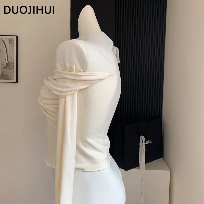 Duojihui Französisch Stricken Herbst neue schlanke weibliche T-Shirts süße schicke Slash Neck grundlegende einfarbige Mode einfache Frauen T-Shirts