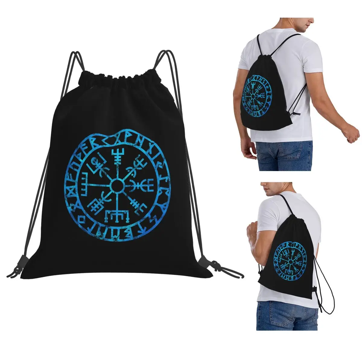 Futhark Runes Compass Norse Mythology Viking Protection Symbol Backpacks Portable Drawstring Bags Sports Book Bags for Students