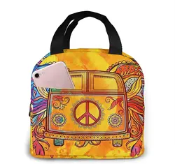 Hippie vintage carro um mini van com sinal de paz isolado lancheira reutilizável cooler tote saco à prova dwaterproof água almoço titular para mulher