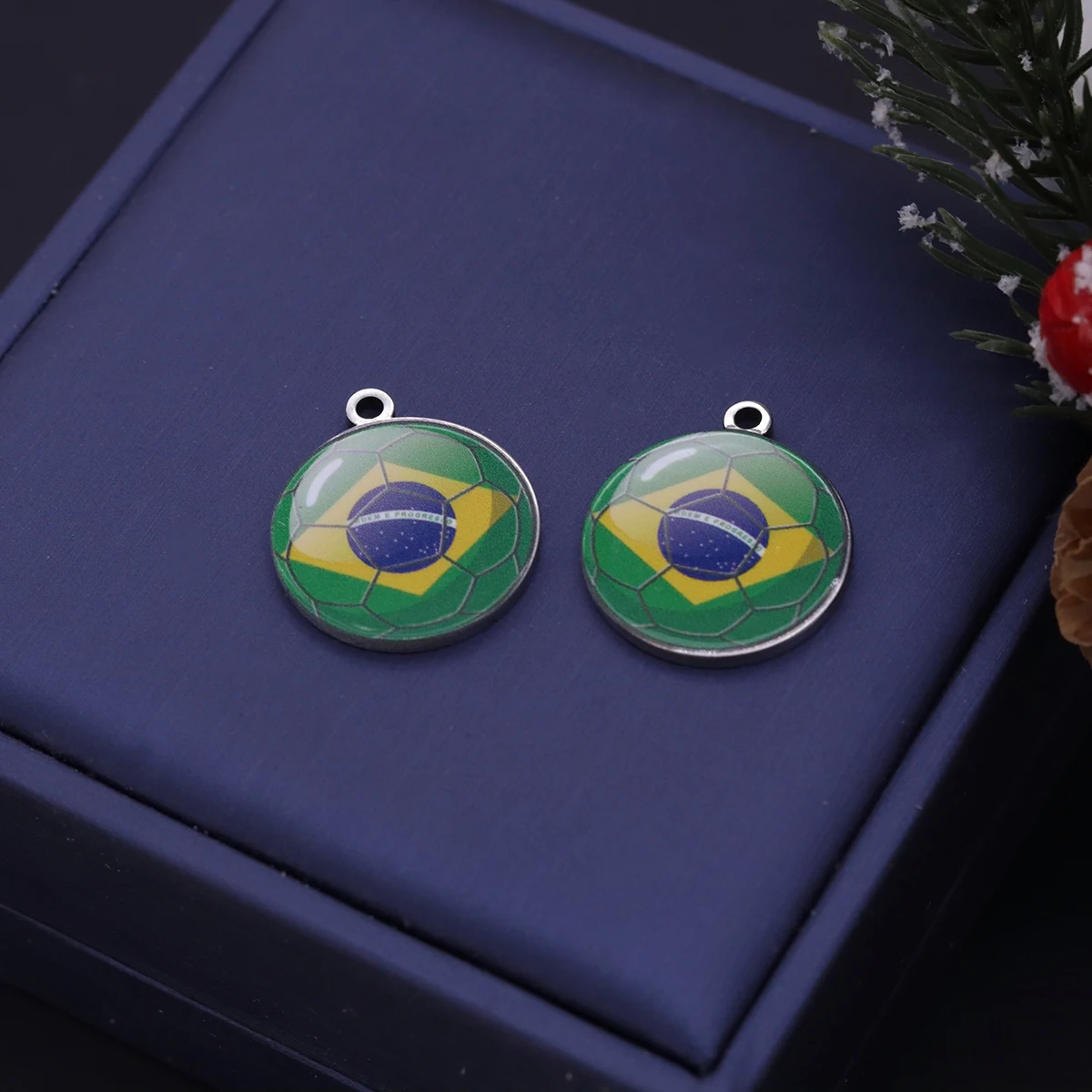 2PCS Brazil Flag Soccer Charms Stainless Steel Pendant for Jewelry Making Trendy Necklace Earrings DIY Accessories for Men Women