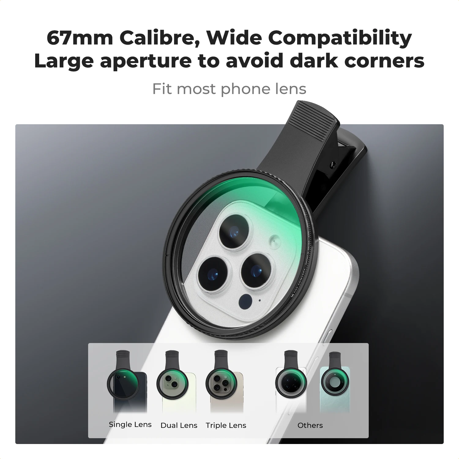 K&F CONCEPT 클립온 CPL 폴라라이저 필터 (휴대폰 및 67mm 카메라 렌즈용, 아이폰 17/16/15/14/13/12 호환)