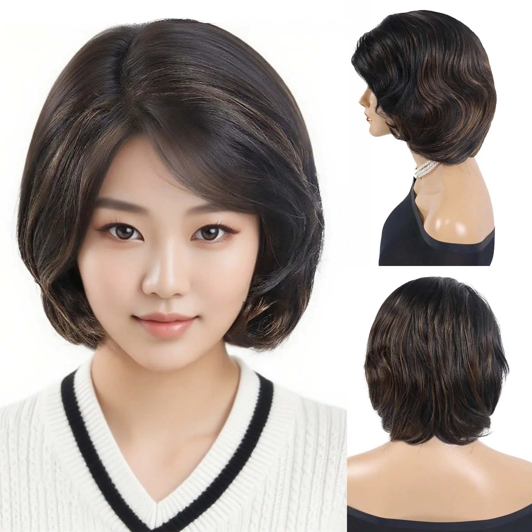 

Mixed Black Wigs for Women Synthetic Hair Short Bob Wig with Side Bangs Natural Hair Mom Wig Female Highlight Wig Heat Resistant