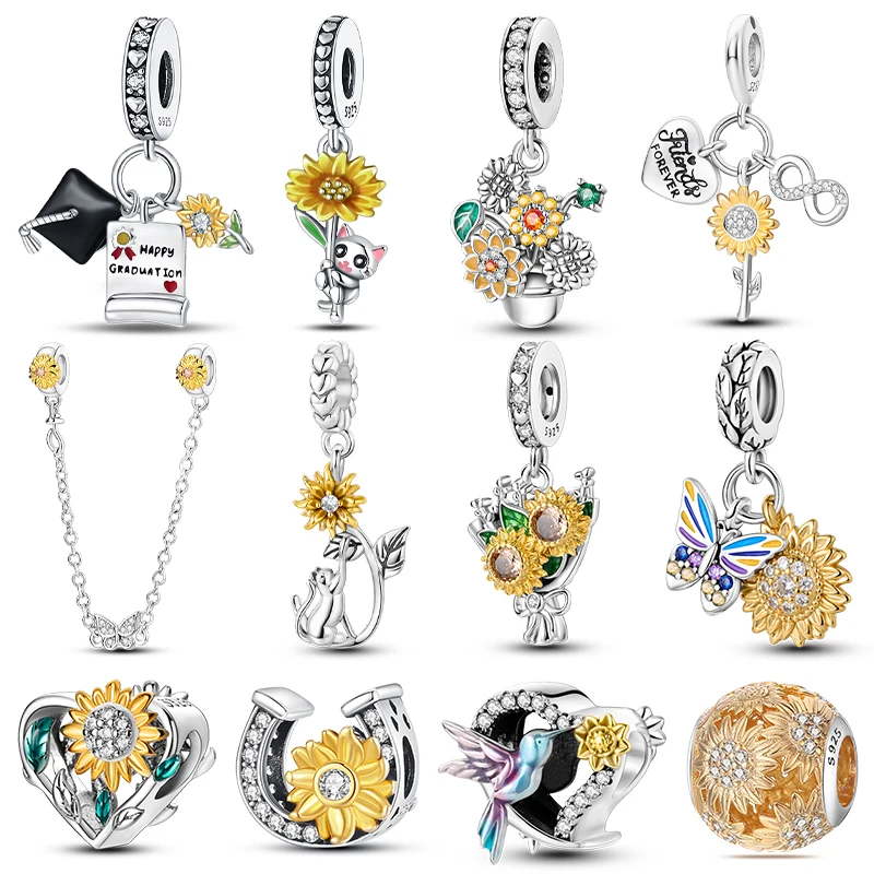 New 925 Sterling Silver Fashion Golden Sunflowers Heart Charms Beads Fit Pandora 925 Original Bracelets Luxury Party DIY Jewelry