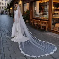 V82 velo de novia con perlas, velos de novia con borde de encaje, 1 nivel, tul suave con cuentas y peine, accesorios largos de boda para novia