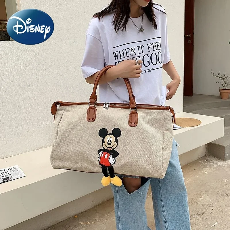 MINISO Canvas Travel Bag for Women Girl Carry on Luggage Duffel Bag Cute Mickey Mouse Trip Large Capacity Durable Fitness