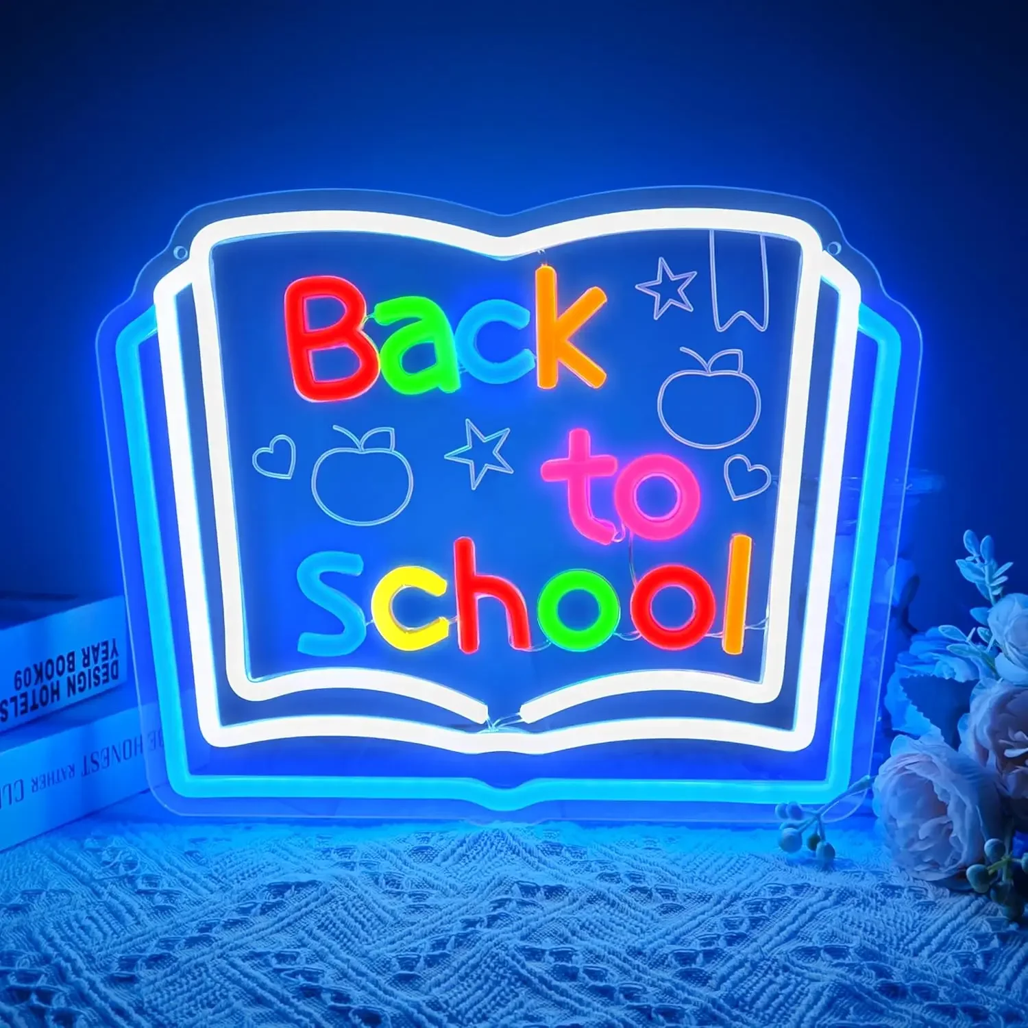 Back to School Neon Sign Open Book Apple Star LED Wall Art Acrylic USB Powered Dimmable Light Decor for Classroom Party Home