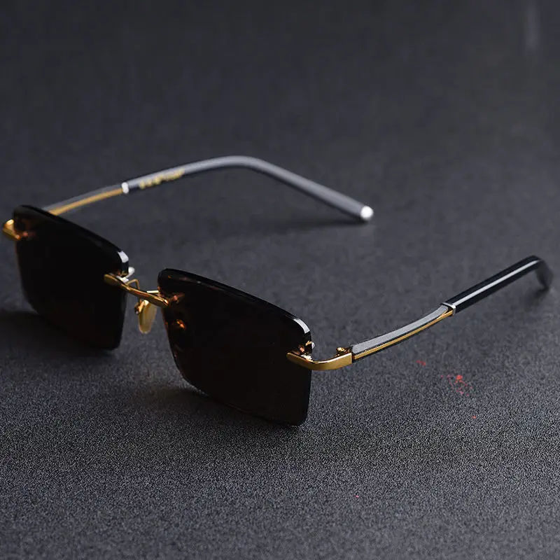 Zerosun Stone Glass Sunglasses Male Rimless Sun Glasses for Men Natural Minerals Crystal Glass Brown UV400 Heavy High Quality