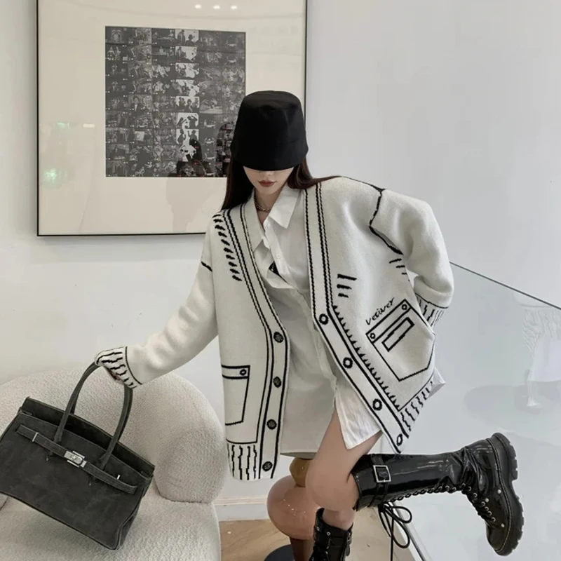 Y2k Print Chic Women Sweater Coat Autumn Korean Knitted Loose Loose Female Casual Cardigan Harajuku Fashion New Ladies Coat Tops