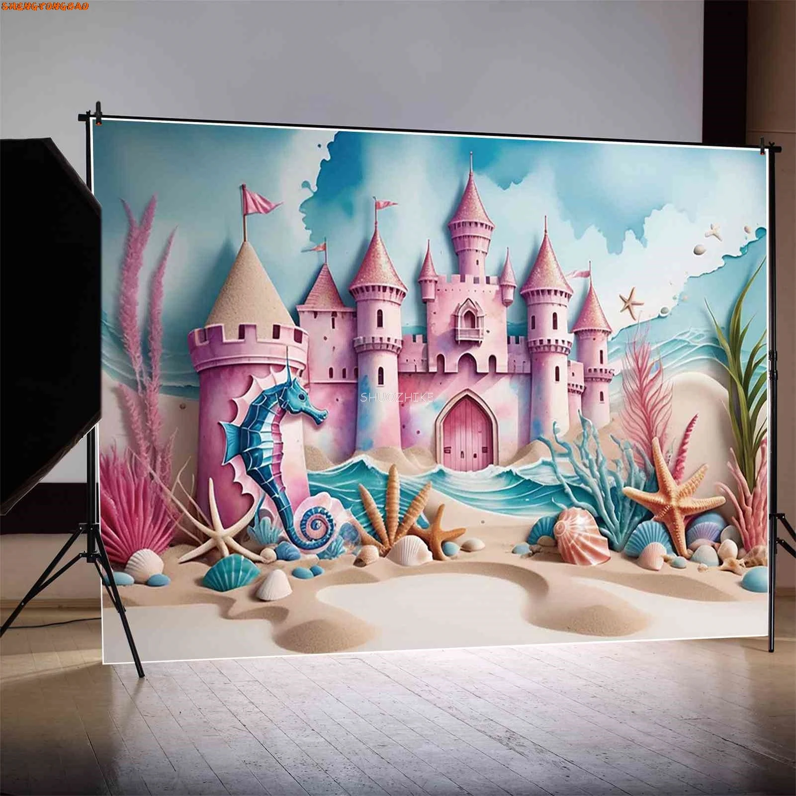 حورية البحر الفتيات حفلة عيد ميلاد خلفية التصوير الفوتوغرافي الصيف شاطئ الرمال القلعة الأميرة خلفية الأطفال اطلاق النار الدعائم