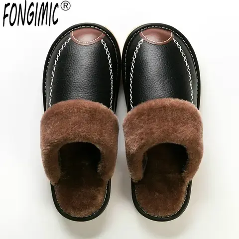 Hommes hiver pantoufles en cuir chambre coton pantoufles mâle imperméable épais Plus velours intérieur chaud maison maison pantoufles chaussures