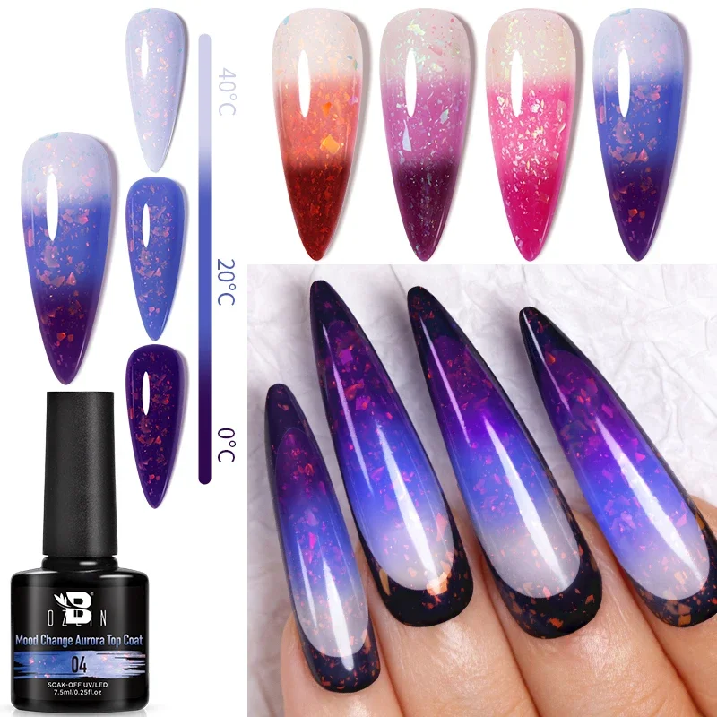 BOZLIN 7,5 ml Mood Change Aurora Top Coat Gel-Nagellack, 3 Farben, Temperatur, Farbwechsel, Glitzer, Soak Off UV-LED-Lacques