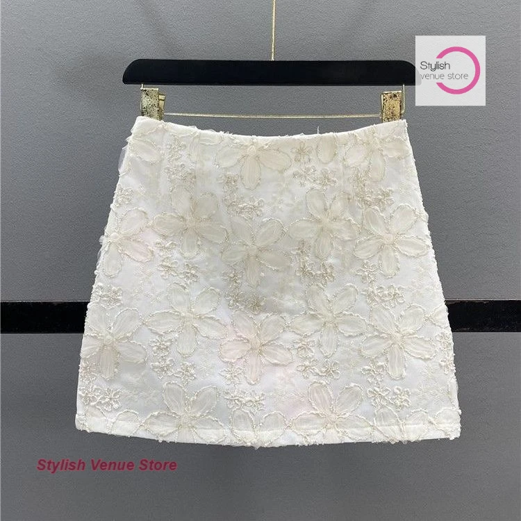 French heavy industry flower bright silk skirt female summer new fashion temperament high waist hip skirt slim A-line skirt