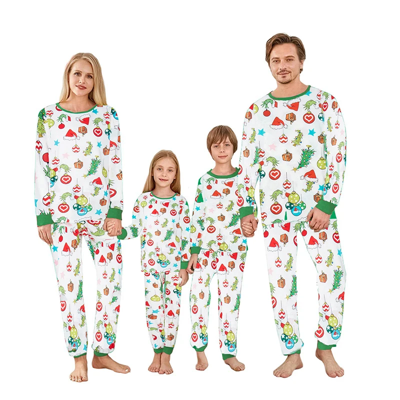 Family Matching Christmas Pajamas Set Festive Romper Long Sleeve Tops and Pants with Santa Hat Print for Parent-Child