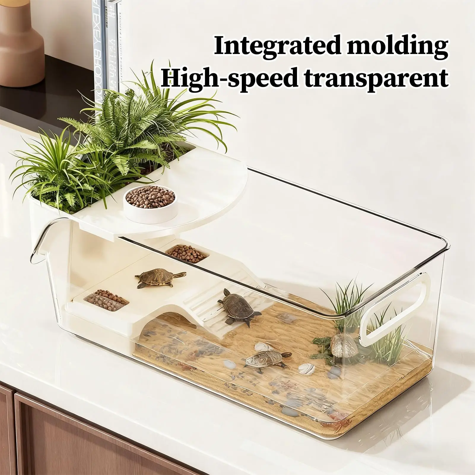 Turtle Tank Large Terrarium with Basking Plat Clear and shallow water area Breathable for Tortoise Tank Reptile Tree Frog
