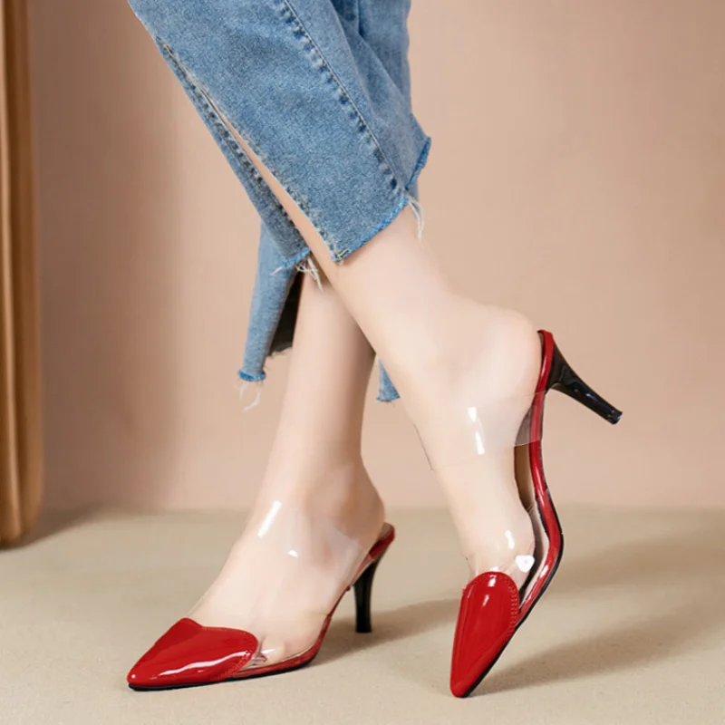 patent leather Pointed Toe Slippers High Heeled Summer Flip flops Transparent PVC Ladies Slides Outside Wearing Slip On Red 40