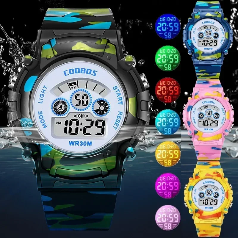 Military Kids Digital Watches Student Children\'s Watch Waterproof Luminous Led Alarm Boys Sports Camouflage Green Girls Clock