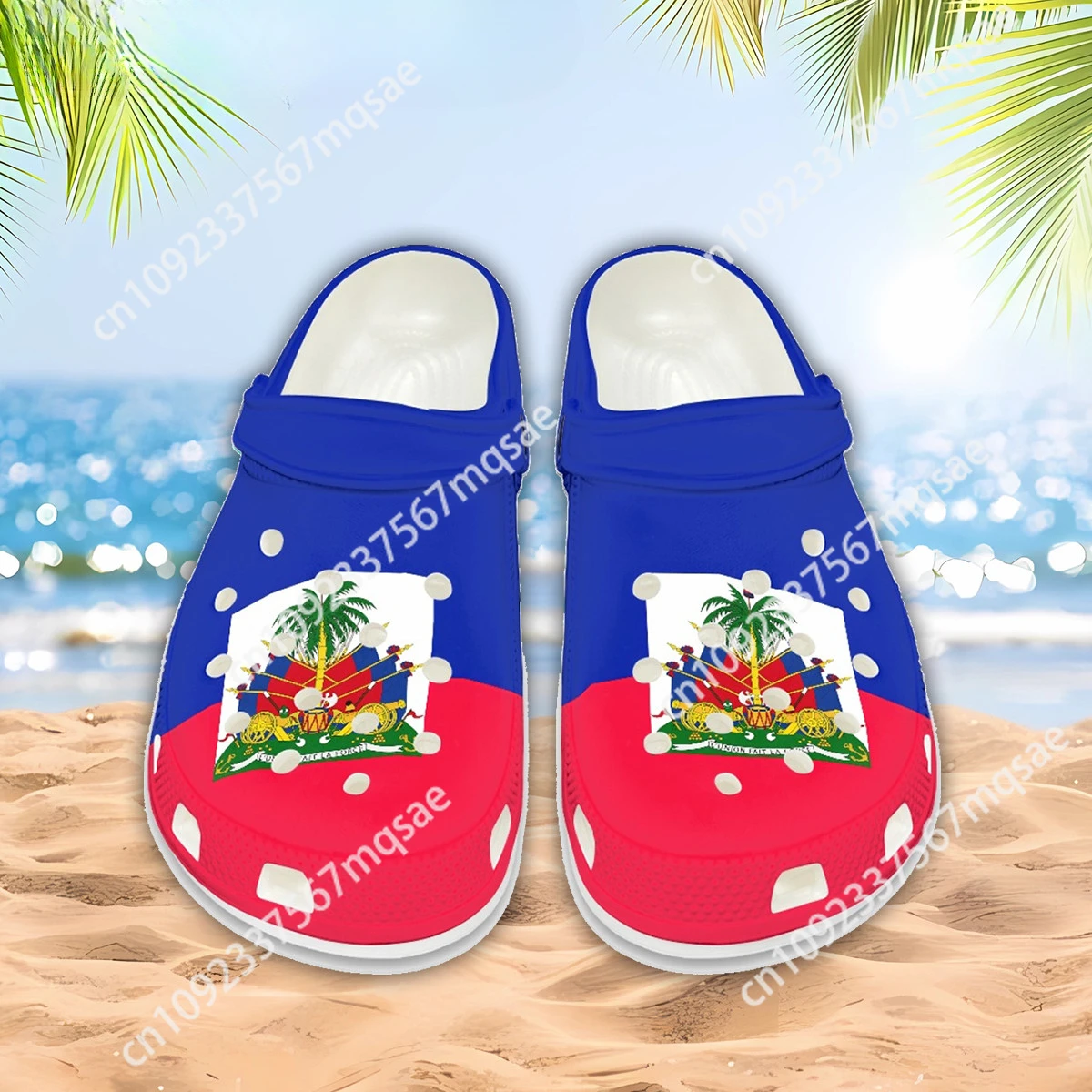 

Custom 2023 Haiti Flag Print Hole Shoes Breathable Non-Slip Slippers Casual Flats Graden Shoes Unisex Slides Sandals Clogs